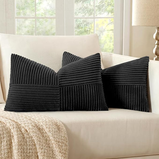 MIULEE Black Decorative Lumbar Throw Pillow Covers 12x20 Inch for Couch Bed Sofa Pack of 2 Boho Farmhouse Throw Pillows Soft Cross Corduroy Patchwork Textured Cushion Cases