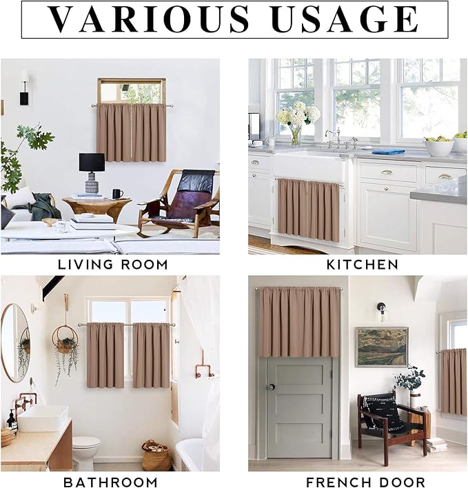 RYB HOME Blackout French Door Window Curtain Covering, Rod Pocket Thermal Insulated Privacy Non See Through Drapes for Bathroom Window, Width 29 by Length 45, Mocha, 2 Panels