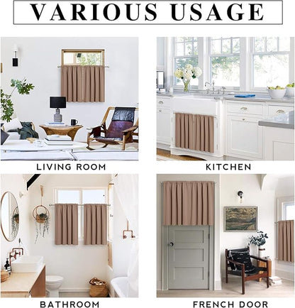 RYB HOME Blackout French Door Window Curtain Covering, Rod Pocket Thermal Insulated Privacy Non See Through Drapes for Bathroom Window, Width 29 by Length 45, Mocha, 2 Panels