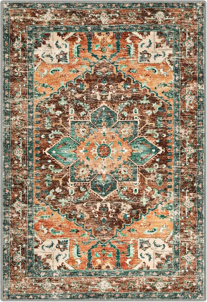 Yamaziot Washable Area Rug, 2x3 Small Entryway Rug Non-Slip Boho Vintage Rug with Rubber Backing, Polyester Soft Distressed Floor Carpet for Indoor Door Mat, Kitchen, Laundry Bathroom