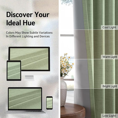 100% Blackout Shield Linen Blackout Curtains for Bedroom, Sage Green Grommet Curtains for Living Room, Thermal Insulated Room Darkening Drapes for Nursery, Boho Home Decor, 50" W x 96" L, 2 Panels