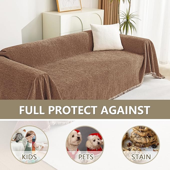 MYSKY HOME Couch Covers for 3 Cushion Couch Sofa, Sectional Couch Cover L Shape Chenille Couch Cushion Covers for Pets, Furniture Protector Cover for Dogs, Kids, 91"X150", Camel