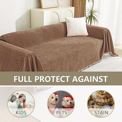 MYSKY HOME Boho Couch Cover Camel Sofa Covers with White Tassel Farmhouse Sofa Slipcover Simple Couch Protector for Dogs Chenille Sectional Couch Covers L Shaped Couch Cushion Covers, 91"x 134"