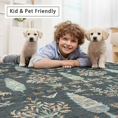 Washable Rugs 8x10 Area Rugs for Living Room,Bedroom,Dining Room- Large Ultra Soft Faux Wool Retro Carpet,Non Slip&Non-Shedding Low Pile Vintage Print Rug for Home Office Dorm-Dark Green