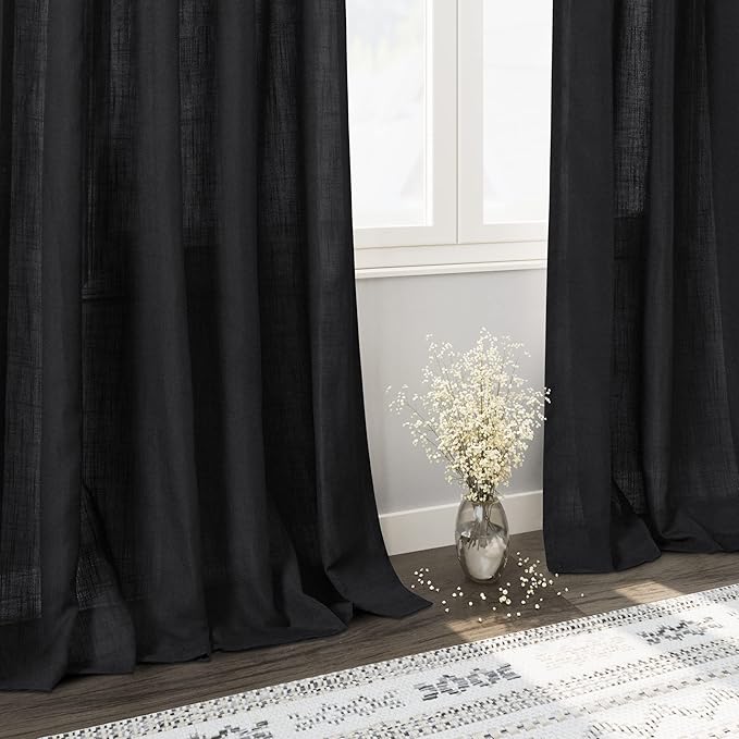Nanspring Black Linen Blend Semi Sheer Curtains 86 Inches Long 2 Panel Set Pocket Back Tab Privacy Decorative Decor Curtain Drapes for Bedroom Living Room 52x86