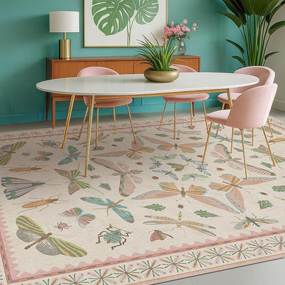 Pastel Pink Girls Rugs for Bedroom 6x8 - Washable Area Rug for Living Room, Dining Room Under Table, Boho Butterfly Cut Design, Low Pile & Soft Stain Resistant Carpet