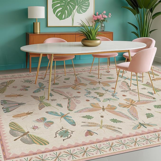 Hazo Haus Floral Pink Rugs for Bedroom Girls 6x9 - Insect Print Cute Girly Rug for Living Room, Dining Room Under Kitchen Table, Washable Low Pile Vintage Bug Art Nouveau Home Decor