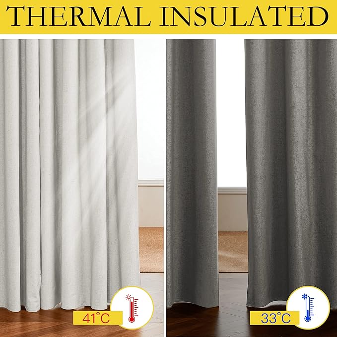 NICETOWN 100% Absolutely Blackout Linen Curtains with Thermal Insulated White Liner, Ivory, 52" Wide, 2 Pieces, Privacy Vertical Window Drapes for Office Laundry Living Room Windows 72 inch Long