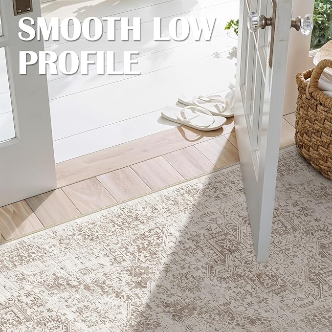2x6 Washable Hallway Runner Rug - Non Slip Kitchen Runner Rugs with Rubber Backing Vintage Low-Pile Carpet Runners for Entryway Dining Room Laundry Room Home Decor (Cream/Camel)