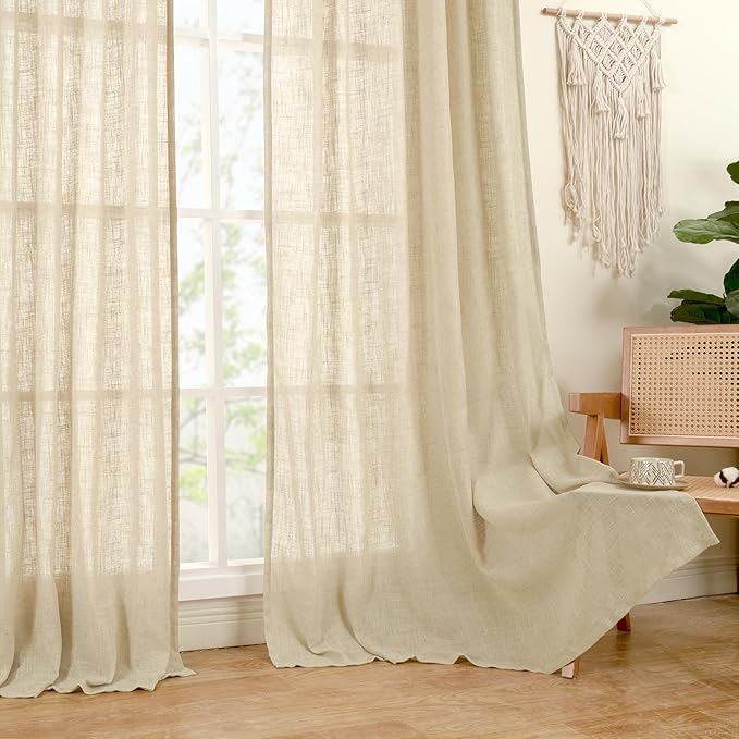 LAMIT 30 Inch Cafe Linen Curtains for Kitchen Window, Semi Sheer Light Filtering Short Curtains Back Tab and Rod Pocket Neutral Drapes for Bathroom/Basement, 2 Panels, Linen, 34 x 30 Inch