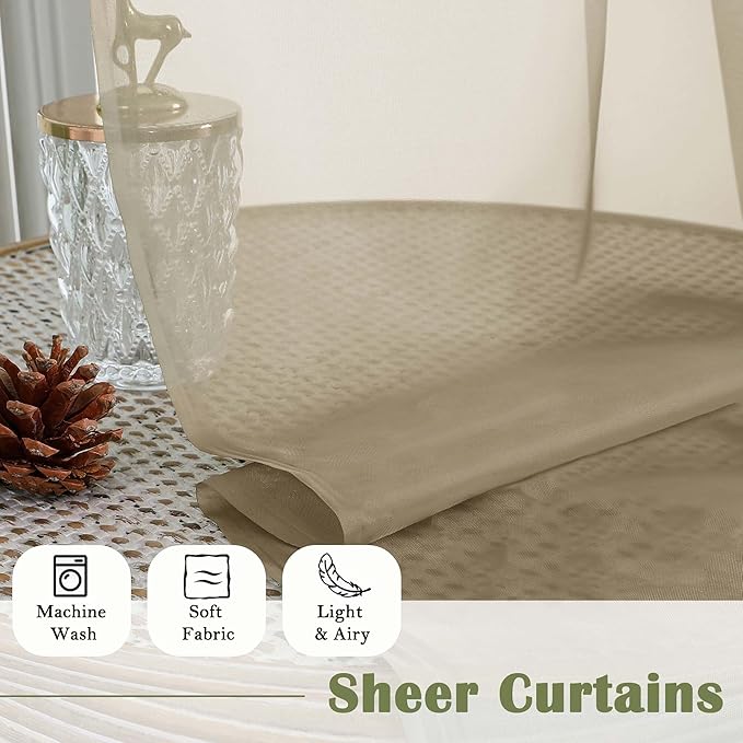 Lecloud Taupe Sheer Curtains 63 Inch Length 2 Pcs, Light Filtering Rod Pockets Window Curtains for Bedroom, Soft Voile Home Drapes for Living Room Bathroom Home Office, Each Panel 59" W x 63" L