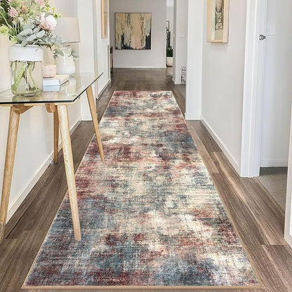 IOHOUZE Abstract Runner Rug 3x10 Ft Washable Runners for Hallways, Non Slip Kitchen Runner Printed Faux Wool Entryway Runner Indoor, Modern Abstract Floor Carpet for Hall Bedroom, Red/Multi