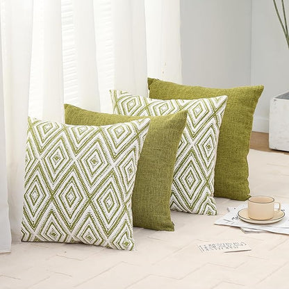 HPUK Decorative Throw Pillow Covers Set of 4 Geometric Design Linen Cushion Cover for Couch Sofa Living Room, 20"x20" inches, Green