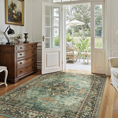 Lofus 6x9 Area Rugs for Living Room, Washable Area Rug, Rugs for Bedroom, Kitchen, Vintage Boho Carpet, Soft Non-Slip, Low Pile Large Area Rug for Office Dining Room, Green