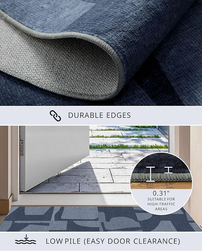 Latte&Fog 5x7 Area Rugs for Living Room Bedroom, Modern Abstract Washable Rug, Boho Non Slip Low Pile Carpet for Indoor Dining Room, Dorm, Classroom, College Dorm, Farmhouse and Kids Room - Navy Blue