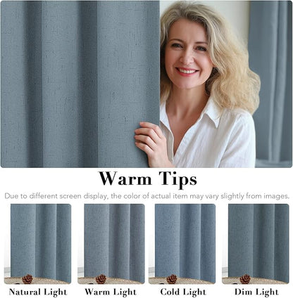 H.VERSAILTEX Primitive Linen Curtains 100% Blackout Curtain Drapes Burlap Curtains with White Thermal Insulated Liner, Grommet Top Drapes Living Room/Bedroom (2 Panels, 42 x 84 Inch, Stone Blue)