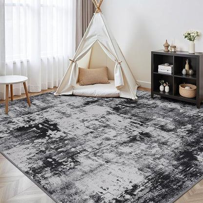 Rugflix 4x6 Area Rugs for Living Room, Washable Large Rug Stain-Resistant Low Pile, Modern Dark Carpet for Dining Room Home Office Kid Room Nursery Bedroom, Black Grey