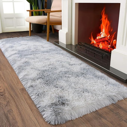 Ultra Soft Runner Rugs for Bedroom Hallways with Upgraded Non-Slip Rubber Backing & Thick Memory Sponge, 2x8 Feet Fluffy Shag Throw Area Rug for Bedside Dorm Tie-dye Light Grey