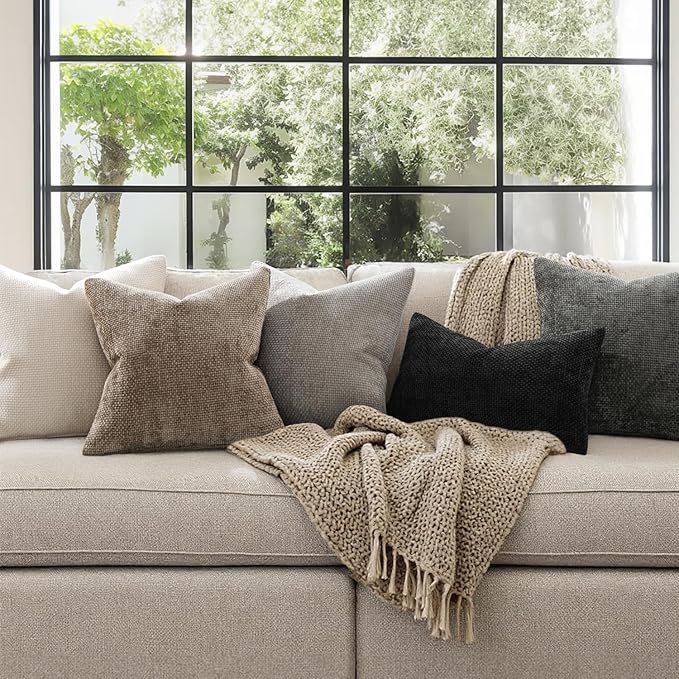 MIULEE Pack of 2 Lumbar Couch Throw Pillow Covers 20x12 Inch Neutral Khaki Modern Boho Accent Decorative Pillow Covers Soft Chenille Farmhouse Cushion Covers for Home Decor Bed Sofa Living Room