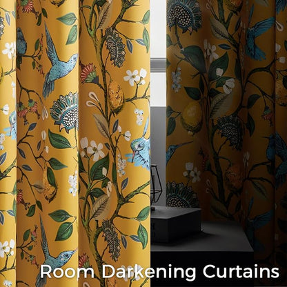 Topfinel Sliding Door Patio Floral Curtains & Drapes, Blackout Extra Wide Room Divider Large Mustard Yellow Vintage Farmhouse Country Hummingbird Patterned Grommet Curtains 1 Single Panels W100 x L84