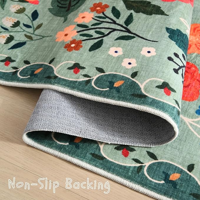 Rugcomf Area Rug 4x6 Rug Washable Boho Rugs Non Slip Low Pile Floral Small Carpet for Bedroom, Bedside, Kids Room, Office, Dining Room(Green)