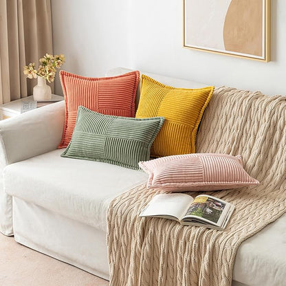MIULEE Decorative Euro Sham Throw Pillow Covers for Couch Bed Livingroom 24x24 Inch Set of 2 Light Olive Green Boho Accent Throw Pllows Broadside Striped Patchwork Soft Corduroy Summer Pillowcases