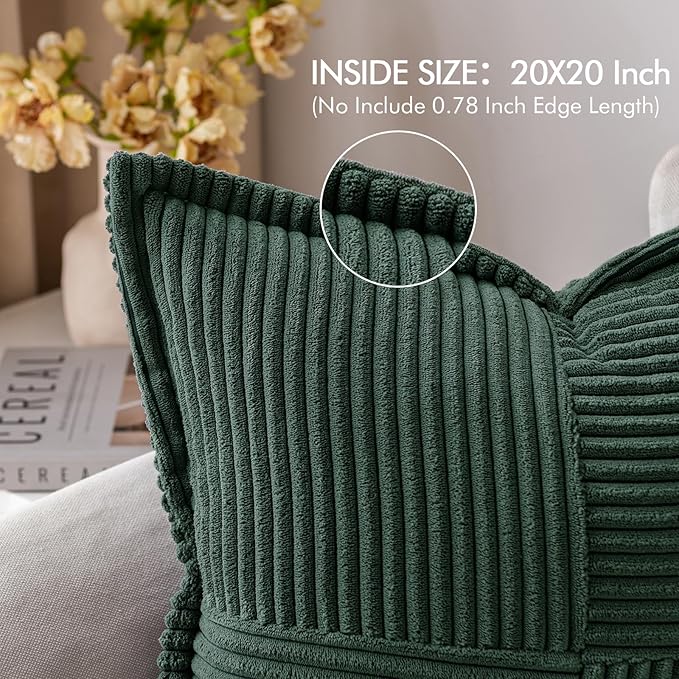 MIULEE Decorative Throw Pillow Covers for Couch Bed Livingroom 20x20 Inch Set of 2 Dark Green Boho Accent Throw Pllows Broadside Striped Patchwork Soft Corduroy Pillowcases