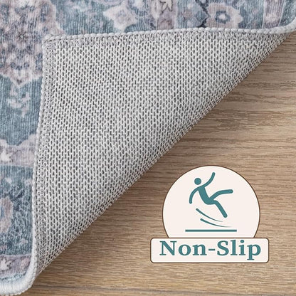 SERISSA Boho Area Rug 5x7 Blue Grey, Washable Large Rugs for Living Room, Ultra Soft Non-Slip Bedroom Rug Print Distressed Vintage Floral Carpet Rug for Dining Room Dorm Office Home Decor