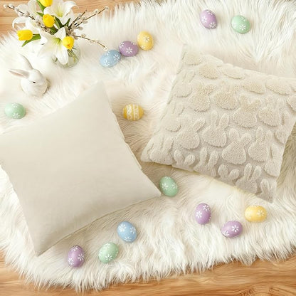 decorUhome Easter Bunny Pillow Covers 18x18 Inch Set of 2, Soft Plush Faux Wool Jacquard Beige Rabbit Cushion Covers, Farmhouse Neutral Spring Easter Holiday Decor for Couch Sofa Bed