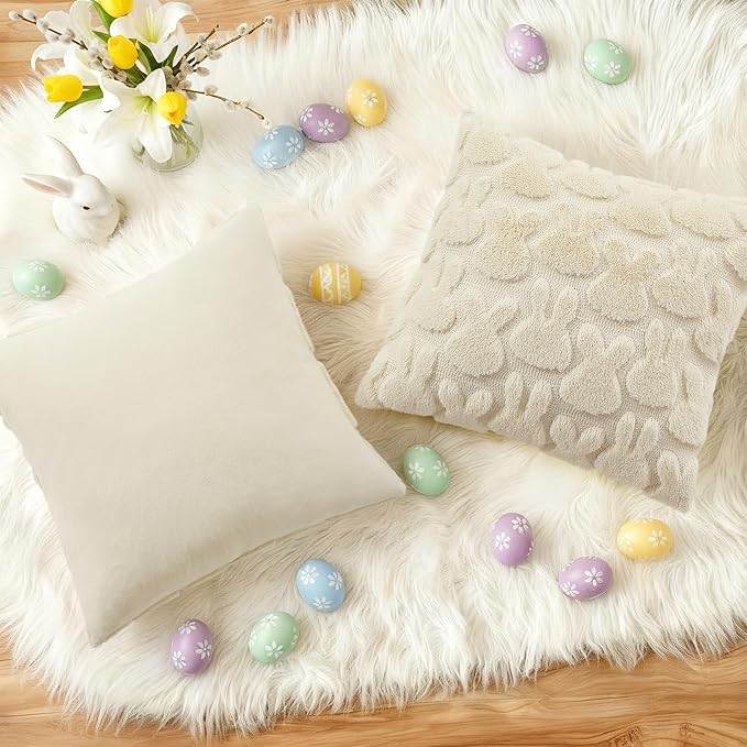 decorUhome Easter Bunny Pillow Covers 16x16 Inch Set of 2, Soft Plush Faux Wool Jacquard Beige Rabbit Cushion Covers, Farmhouse Neutral Spring Easter Holiday Decor for Couch Sofa Bed