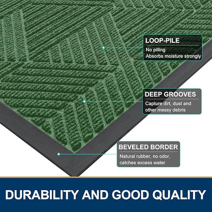 Smiry Front Door Mat Outside Entrance, Heavy Duty Sturdy Natural Rubber Doormat, Trap Dirt and Moisture, Easy Clean Low Profile Mats for Indoor Outdoor Entry, Irregular Triangle (29.5x17, Green)