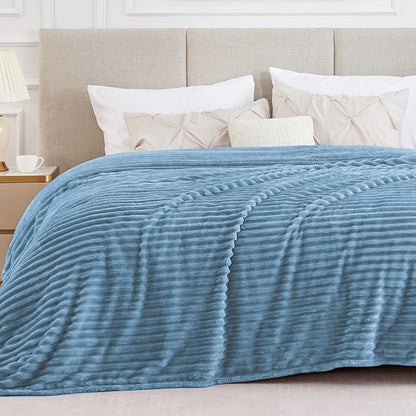 BEDELITE Full Size Blanket for Bed, 300GSM Soft & Warm Fleece Light Blue Blanket, Decorative and Giftable Striped Blankets for Women, Men, 84"x90"