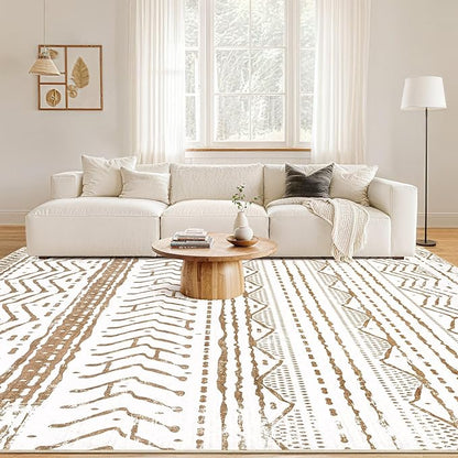 Nakagishi Area Rugs 8x10 Living Room: Washable Boho Large Neutral Soft Farmhouse Rug Stain Resistant Modern Geometric Indoor Floor Carpet for Bedroom Nursery Playroom Office Dining Room- Brown White