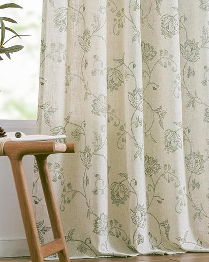 jinchan Linen Curtains Floral Curtains 96 Inch Length for Living Room Bedroom Light Filtering Rod Pocket Back Tab Farmhouse Curtains Flax Linen Texture Window Drapes Set 2 Panels Green on Linen