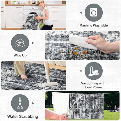 Area Rugs 10x12 Living Room - Washable Rug Modern Abstract Soft Large Neutral Non-Slip Carpet Indoor Floor Thin Carpets for Bedroom Dining Room Farmhouse Nursery Home Office Black