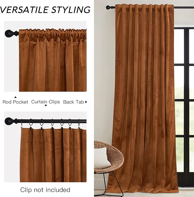 RYB HOME Velvet Blackout Curtains - Back Tab Plush Privacy Blackout Energy Efficient Window Treatment Retro Luxury Decoration for Living Room Cottage, W52 x L90, Golden Oak, 2 Pieces