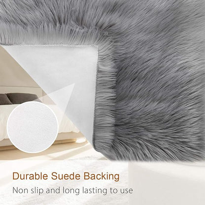 LOCHAS Soft Fluffy Faux Fur Rugs for Bedroom Bedside Rug 2x4 Feet, Washable, Furry Sheepskin Area Rug for Living Room Girls Room, Luxury Shag Carpet Home Decor, Grey