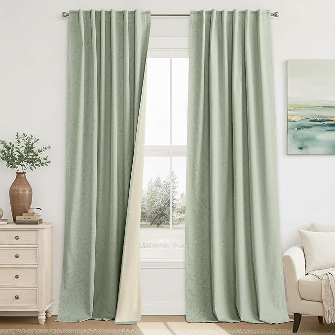 RYB HOME 100% Blackout Sage Green Linen Curtains, Light & Heat Blocking Thermal Privacy Protection Neutral Window Drapes for Living Room Bedroom, 52" W x 90" L, 2 Panels Set