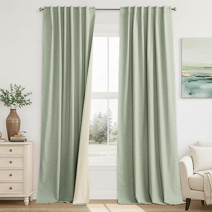 RYB HOME 100% Blackout Sage Green Linen Curtains, Light & Heat Blocking Thermal Privacy Protection Neutral Window Drapes for Living Room Bedroom, 52" W x 90" L, 2 Panels Set