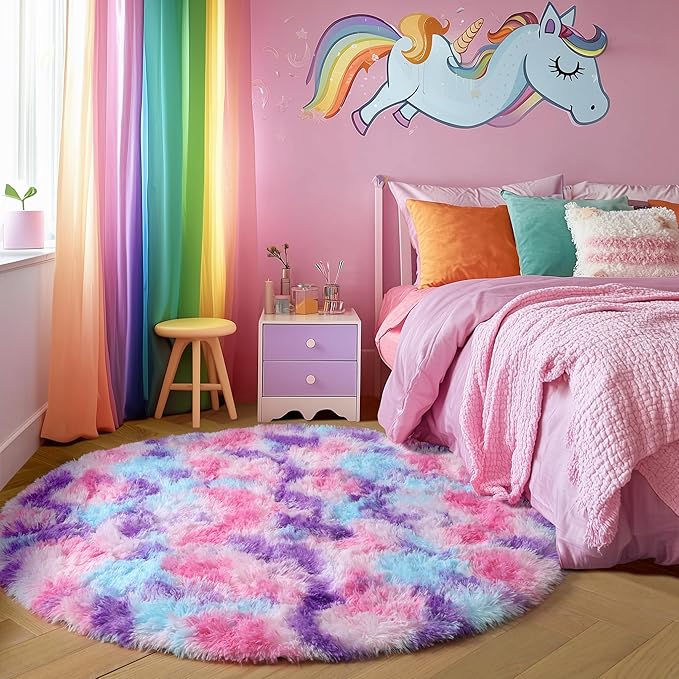 Amdrebio Hot Pink Rainbow Round Circle Area Rug 4Ft for Girls Bedroom, Fluffy Cute Fuzzy Colorful Pastel Kids Rugs for Nursery Playroom Classroom, Unicorn Shag Princess Carpet for Baby Toddler Teen