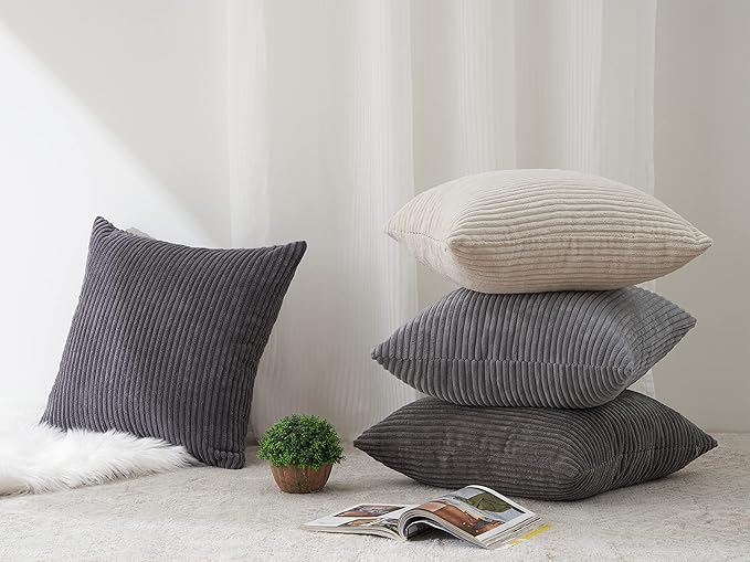 Topfinel Euro Shams Decorative Throw Pillows Covers for Bedroom,Large Cream Grey Fluffy Corduroy Western Home Decor Cushion Cases,Soft Neutral Gray Shams Set of 4 26x26 Inch