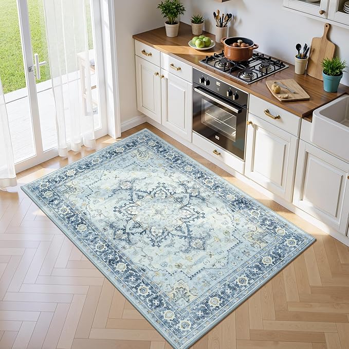 Lofus 3x5 Area Rugs for Entryway, Machine Washable Small Living Room Area Rug, Low Pile Non-Slip Rugs for Bedroom, Kitchen, Home Office, Vintage Oriental Print Rug, Blue Gold