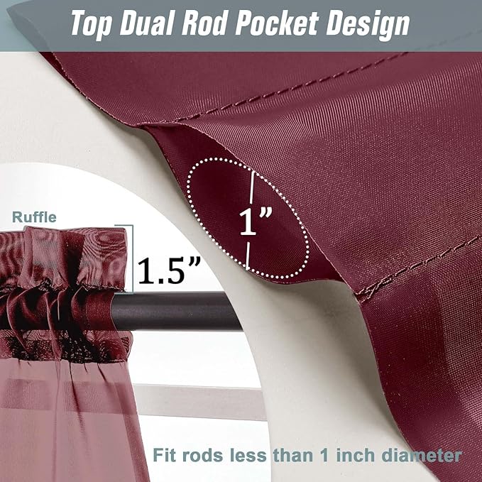 Extra Wide Sheer Curtains for Windows 108 inches Long, Lightweight Light Filtering Soft Drapes for Living Room Bedroom, Dual Rod Pocket Sheer Curtains, 2x59Wx108L inches, Burgundy, 9FT, 2PCS