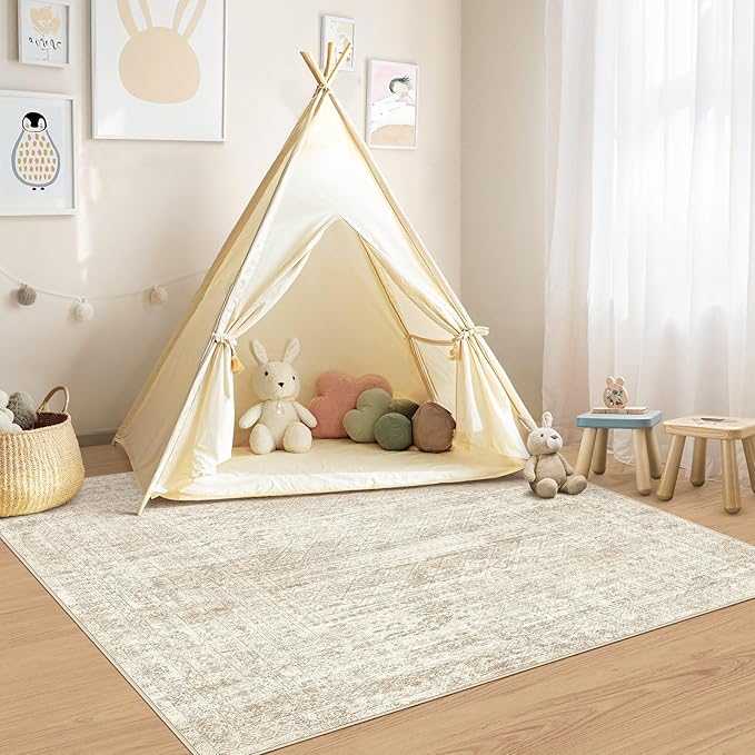 UERMEI Square Area Rugs : Washable 5x5 Neutral Modern Abstract Carpet for Living Room Bedroom - Soft Floor Mat with Non Slip Backing for Kitchen Nursery Dorms Farmhouse Home Decor - Beige/Brown