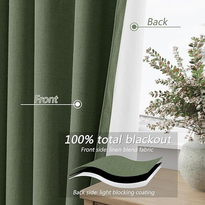 Guken Olive Green 100% Blackout Curtains 72 Inch Length 2 Panels Set for Living Room Bedroom Back Tab Thermal Insulated Black Out Linen Drapes Room Darkening Window Curtains 72 Inches Long
