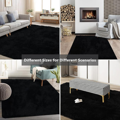 10X14 Large Shag Area Rugs for Living Room Bedroom,Big Soft Black Fluffy Rug for Bedroom Dorm, Indoor Carpet Nursery Rugs for Kids Girls Room Home Decor,Black