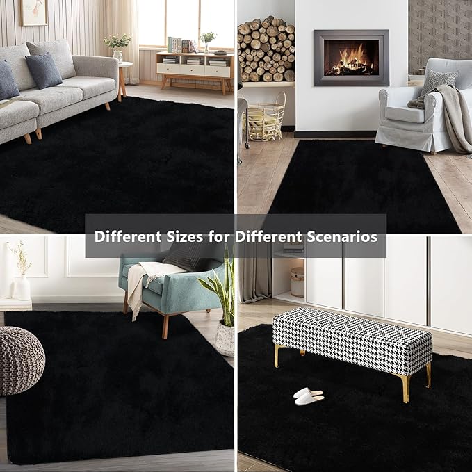 Shag Area Rugs for Bedroom Living Room,5X8 Ultra Soft Fluffy Area Rugs for Dorm,Indoor Carpet Nursery Rugs for Kids Girls Room Home Decor, Black