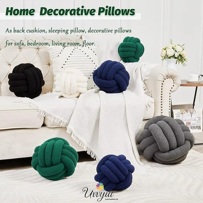 Uvvyui Knot Pillow Ball, Soft Home Decorative Pillows, Round Throw Pillow, Handmade Knotted Plush Pillow, Round Boucle Pillow Cushion (8.6 Inches Dark Green)