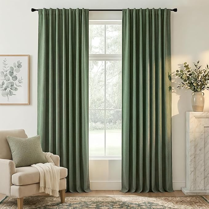 RYB HOME Forest Green 100% Blackout Linen Curtains 84 Length 52 Width, Privacy Assurd & Thermal Insulated Drapes for Bedroom/Sliding Door, Rod Pocket&Back Tab Modern Fashion Style, 2 Panels