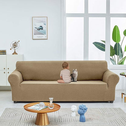 Joccun Stretch Loveseat Couch Cover Slipcover, 1-Piece Sofa Cover for 2 Cushion Couch Spandex Jacquard Washable Furniture Protector Cover for Living Room,Kids,Pets（Loveseat,Tan）
